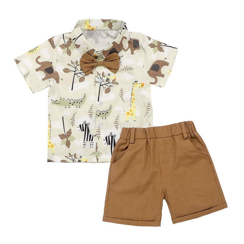 JEELLIGULAR Toddler Baby Boy Summer Clothes Short Sleeve Button Down Shirt Shorts Set Gentlemen Casual Outfits 1-6 Years (Animal Print & Khaki, 12-18M) - Image 1